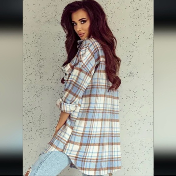 Sky Blue & Beige Long Plaid Shacket NWT - Picture 9 of 14